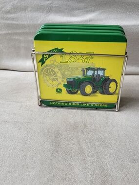 John Deere Vintage Style Metal Coasters Set of 4 with Metal Storage Caddy Holder